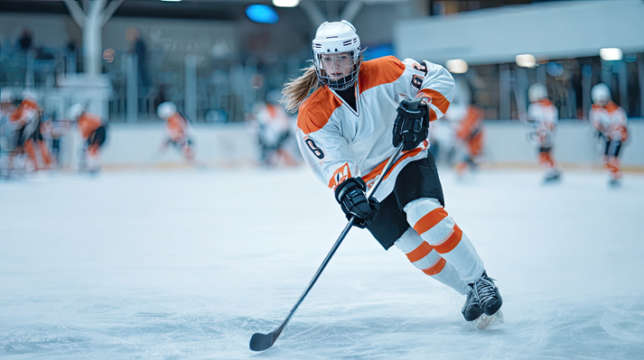 Dynamic young female hockey player in action during a competitive ice rink match, showcasing speed and determination on the ice