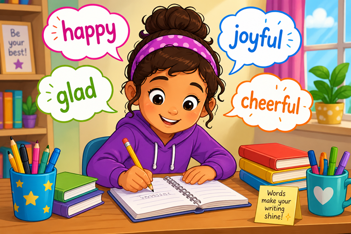 A colorful cartoon of a student writing in a notebook, with different words like “happy,” “glad,” “joyful,” and “cheerful” floating around their head in speech bubbles.