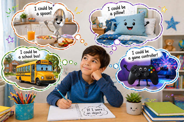 A wide, playful scene showing a child imagining themselves as different objects (a spoon at a table, a pillow on a bed, a bus on the road, a game controller), with thought bubbles connecting each idea.