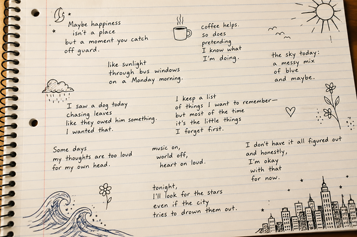 A notebook page with scattered handwritten lines, some short, some long, with doodles in the margins and no clear pattern.