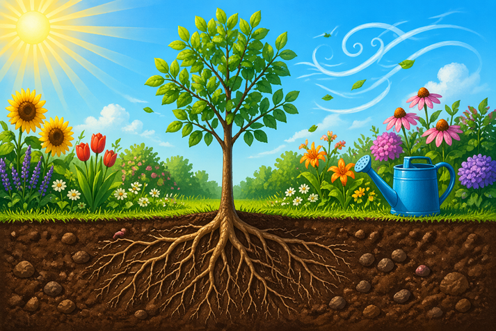 A bright garden with flowers, grass, and a small tree in sunlight. Include roots underground, a watering can nearby, and air shown as soft swirls.