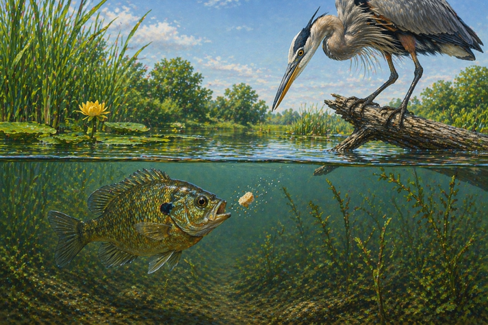 fish eating a bread crumb and a heron waiting to eat the fish