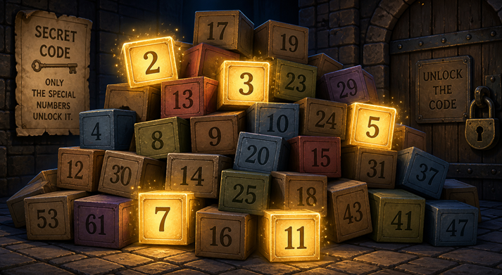 A pile of numbered boxes with only certain boxes glowing (2, 3, 5, 7, 11), like a secret code waiting to be unlocked.