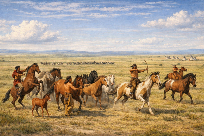 A wide rectangular scene of the Great Plains showing skilled Native riders guiding and training horses, with some riders moving alongside a herd, others practicing riding techniques, and open grassland stretching into the distance under a big sky.