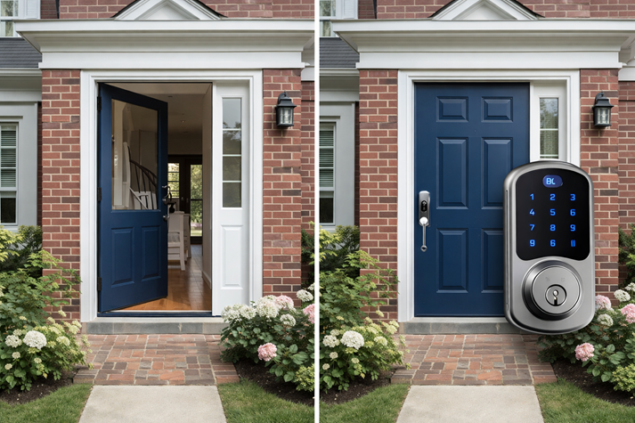 side-by-side comparison showing a house with an open door versus a secured house with a smart lock
