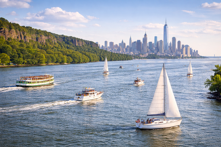 Boats on the Hudson River at sunset
