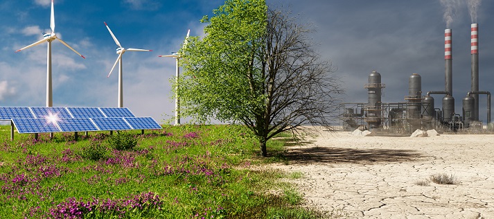 climate change concept Climate change concept. Tree in two parts with green energy in healthy nature and industrial pollution with conventional energy