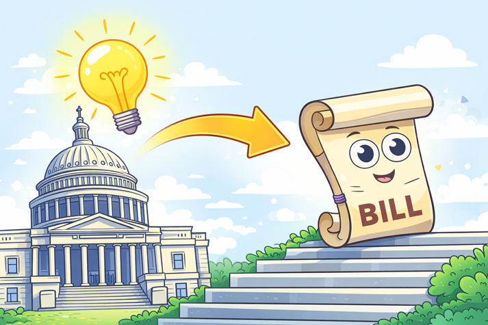 A lightbulb turning into a rolled-up paper labeled “bill” on the steps of the U.S. Capitol