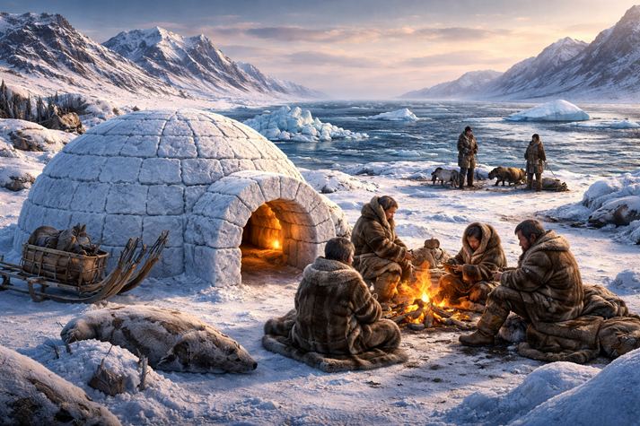 A snowy Arctic landscape with an igloo and people in fur clothing