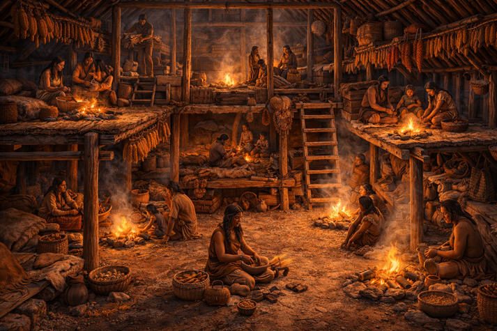 A longhouse cutaway showing multiple families inside