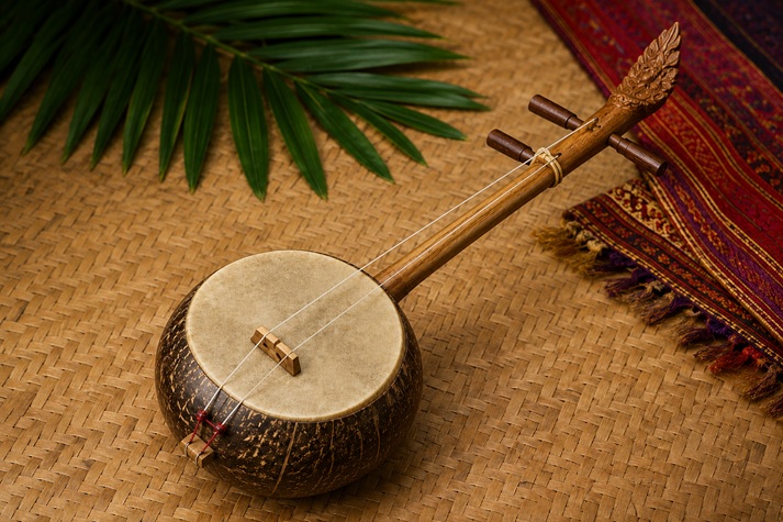 Traditional string instrument on woven mat
