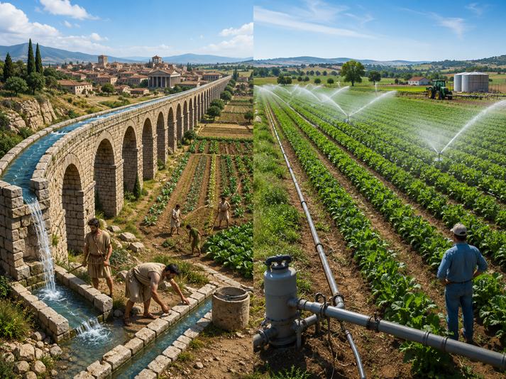 Ancient and modern irrigation contrast