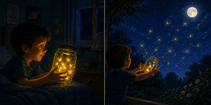 A glowing jar of fireflies in a dark bedroom, then fireflies flying free under the moon.