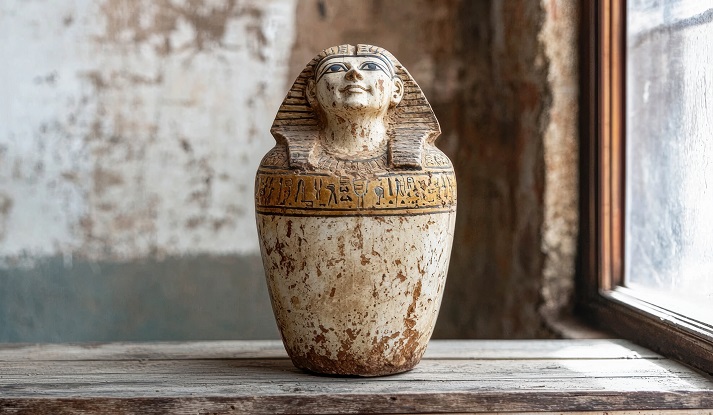 Ancient Egyptian canopic jar on a wooden surface