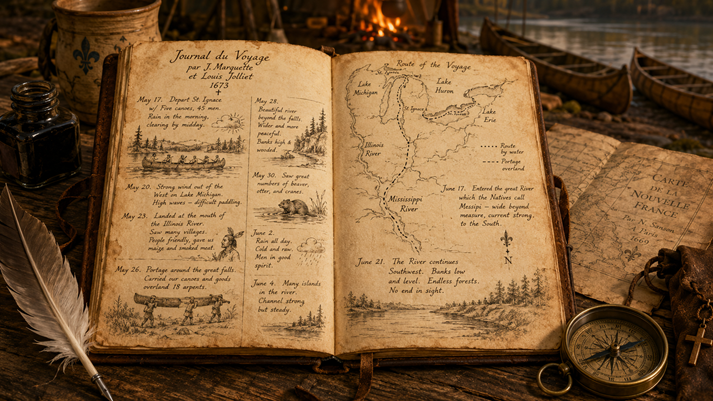 Explorer's journal at riverside camp