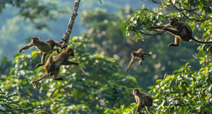A troop of monkeys swinging from trees