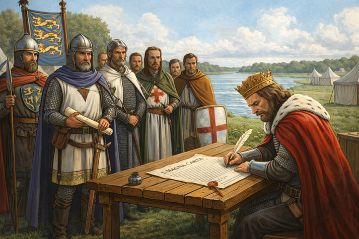 King John signs the Magna Carta while English nobles watch, marking a turning point that limited royal power and helped inspire the idea of trial by jury.