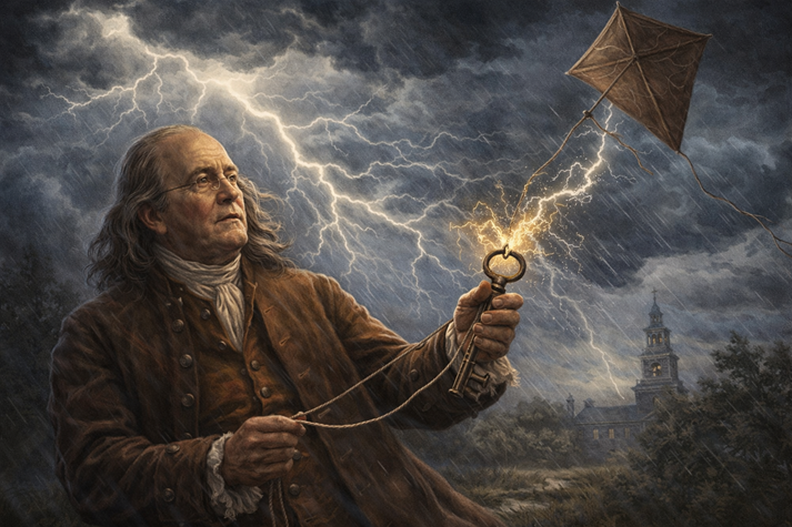 Benjamin Franklin flying a kite in a storm with a key attached, showing electricity