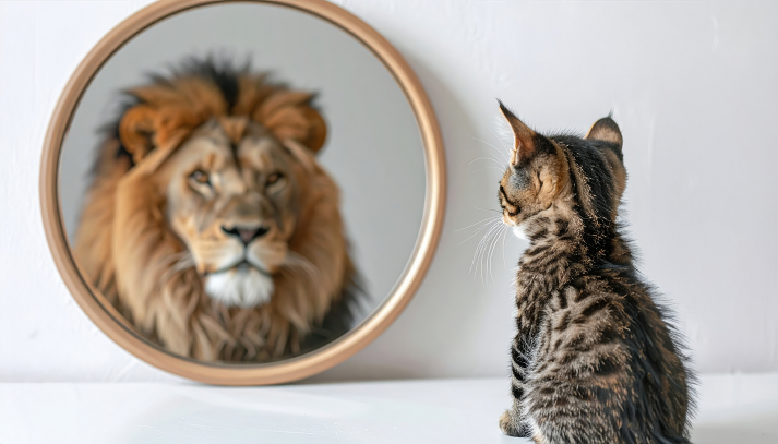 A kitten gazes into a mirror seeing a lion, symbolizing self-perception, confidence, personal growth, and inner strength