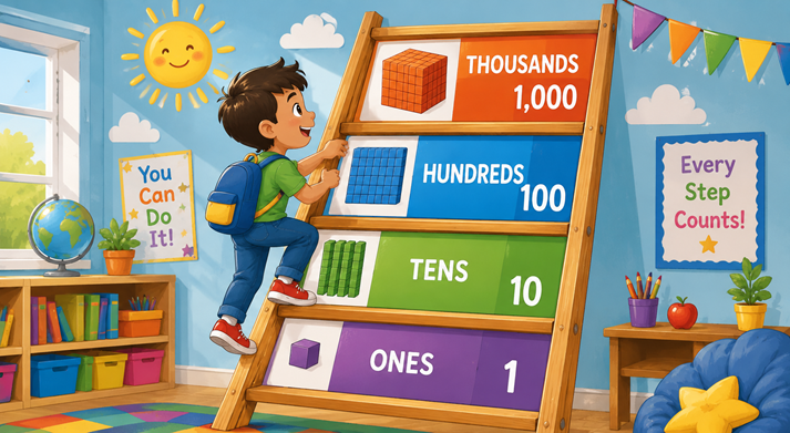 A colorful number ladder showing ones, tens, hundreds, and thousands increasing as a student climbs upward, fun elementary classroom style, wide rectangular layout