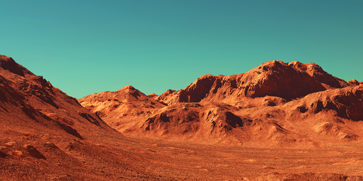 Mars landscape, 3d render of imaginary mars planet terrain, science fiction illustration.