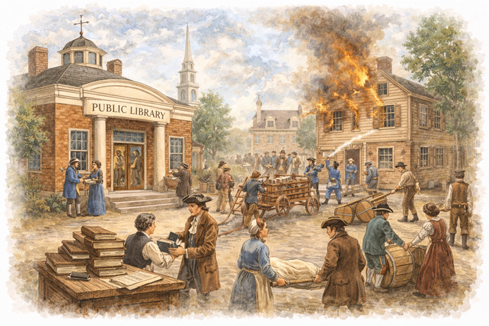 A colonial town scene showing a library, fire brigade, and community members working together