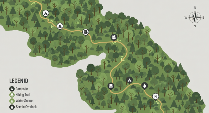 Hiking trail map illustration featuring a winding path through a forest with campsite, water source, and scenic overlook icons