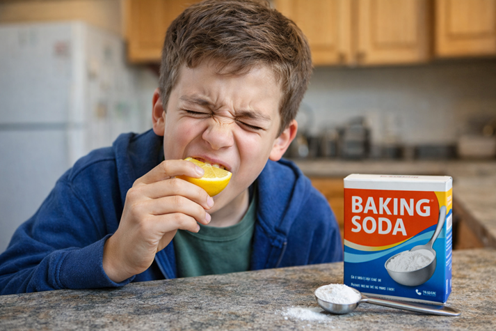 boy bites into lemon