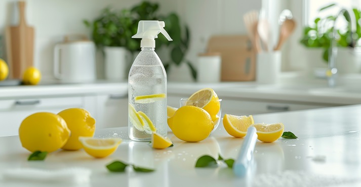lemon cleaner An eco-friendly natural cleaner on a wooden table with baking soda, soap, vinegar, salt, lemon and brush