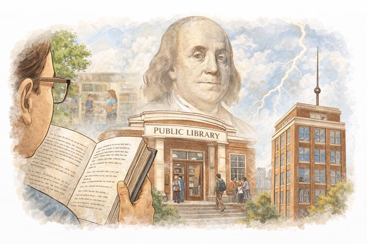 A modern-day scene showing glasses, a library, and a building with a lightning rod, all subtly connected to Franklin