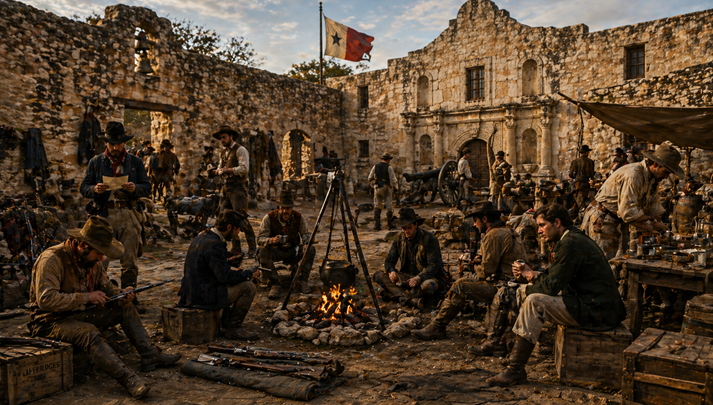 Frontier soldiers at campfire in fortress