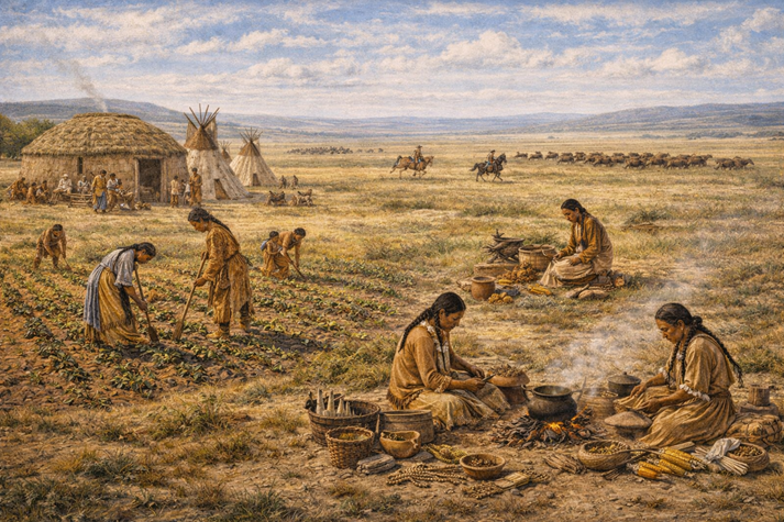 A wide rectangular scene of the Great Plains showing multiple aspects of life at once, including riders on horseback in the distance, a nearby group farming crops, others preparing food or tools, and a bison herd on the horizon, illustrating the diversity of daily life across Plains Nations.