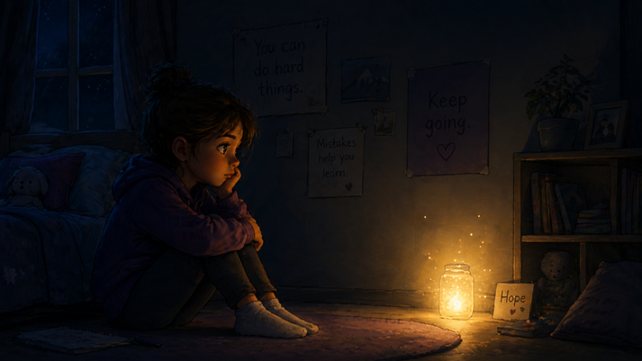 A small glowing light in a dark room, showing a child sitting and thinking, with the light representing hope.