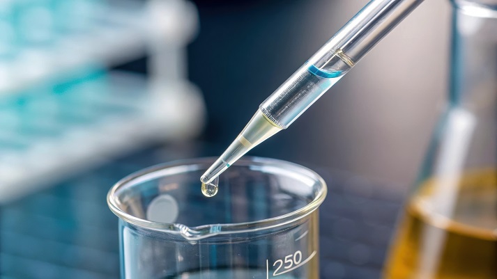 A closeup of a pipette transferring a small amount of catalyst into an adhesive mix highlighting the precision involved in the formulation process.