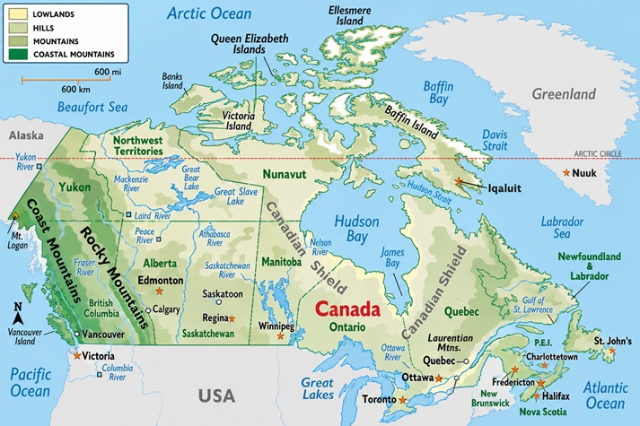 Detailed political map of Canada