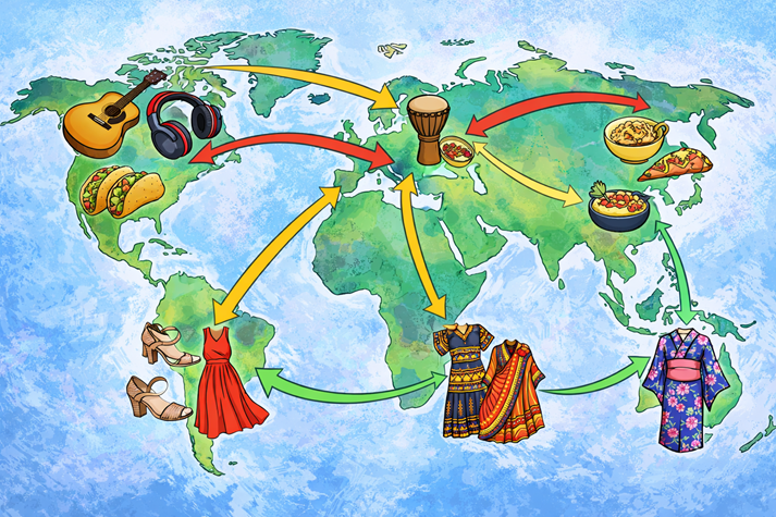 A world map with arrows showing cultural diffusion (music, food, fashion spreading globally)