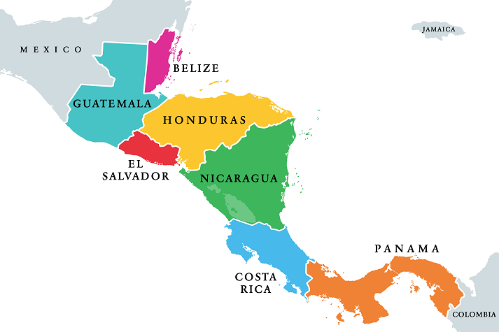 Central America countries, colored political map. Subregion of the Americas, between Mexico and Colombia, consisting of Belize, Guatemala, Honduras, El Salvador, Nicaragua, Costa Rica and Panama