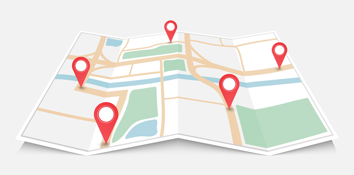 Folded paper city map with red pin pointer, vector illustration
