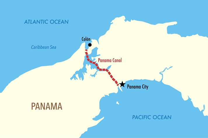 Map of the Panama Canal Route from the Atlantic to the Pacific Ocean