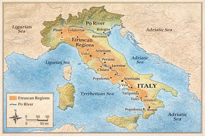 A map of Italy highlighting the Po River and Etruscan regions, with labels showing northern and central Italy.