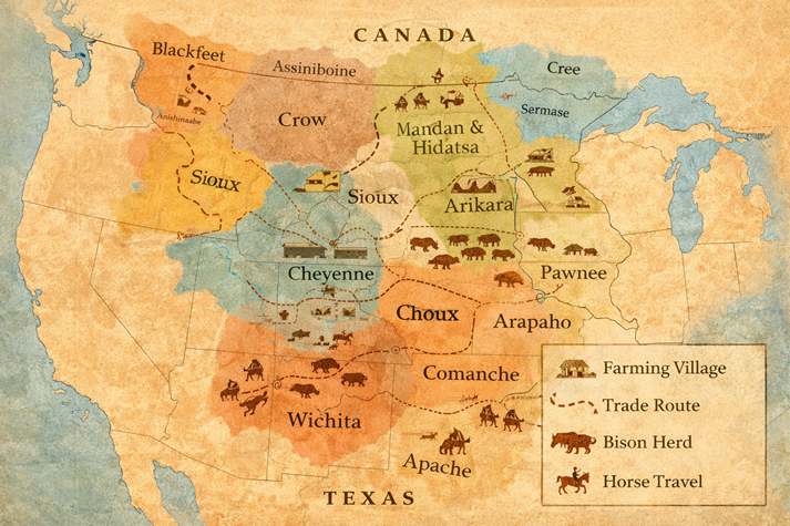 A rectangular map of the Great Plains labeled from Canada to Texas, with shaded regions showing several Native Nations and simple icons for farming villages, trade routes, bison herds, and horse travel.