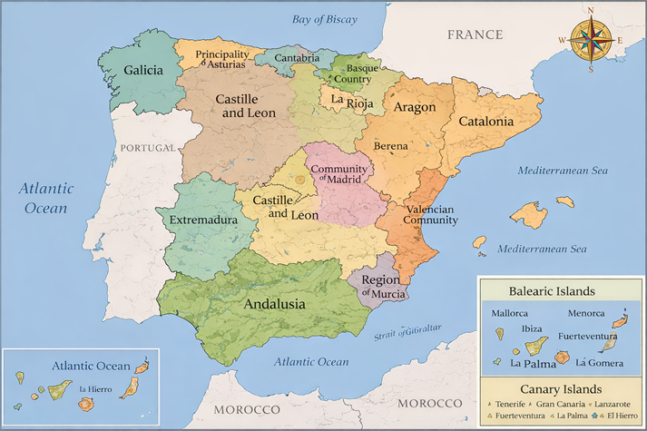 Map of Spain showing its 17 autonomous regions clearly labeled