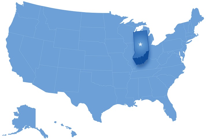 blue U.S. map, with Indiana marked with a star