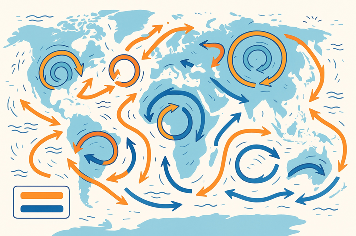 Ocean currents map illustration with arrows and gyres showing global water flow on light background