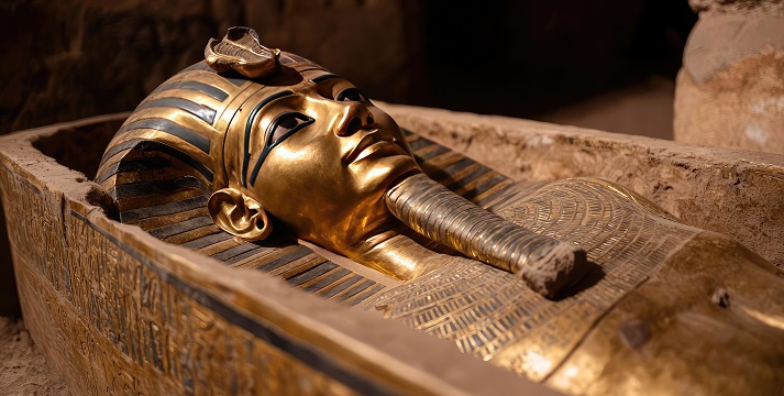 Ancient Egyptian sarcophagus with a golden mask Ancient Egyptian sarcophagus with a golden mask, historical artifact display.
