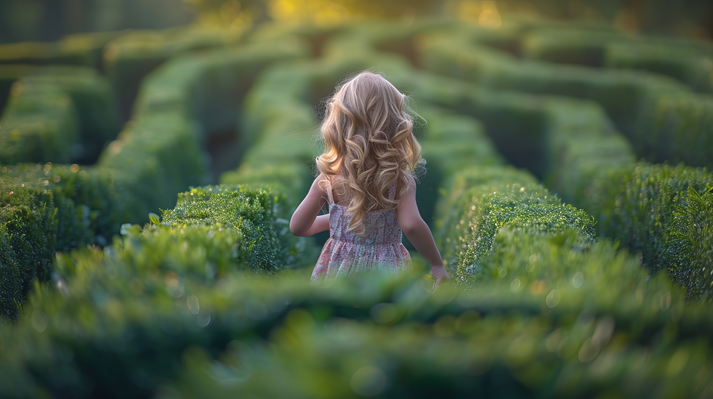 Little child girl running forward into garden maze. Kid playing in labyrinth for fun and entertainment. Back view