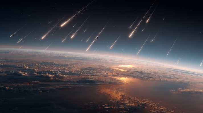 meteorites Dozens of meteorites streak across the sky, falling toward Earth in a spectacular and intense celestial meteor shower.