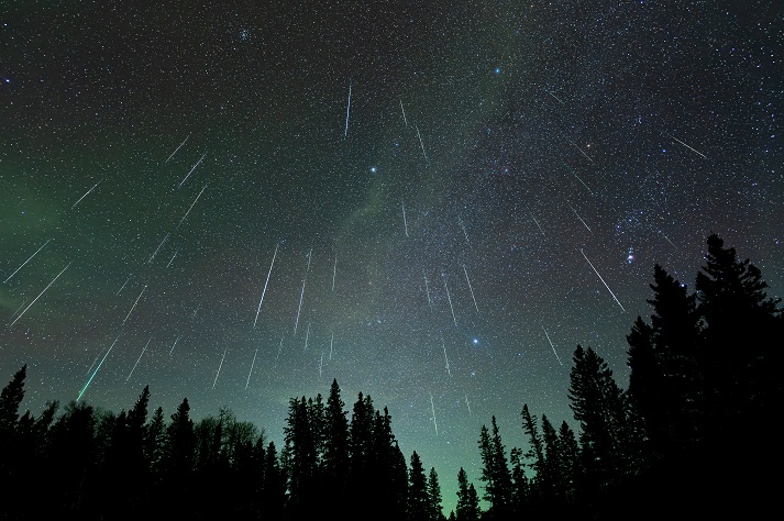 Meteor shower Meteor shower with 47 meteors falling through a star filled sky above a silhouette treeline of spruce and pine trees.