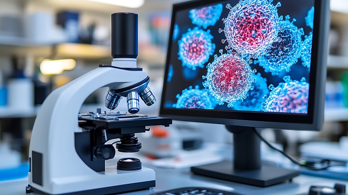powerful microscope A scientist using a digital microscope to study viruses