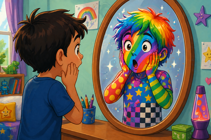 A child looking into a mirror, surprised as their reflection changes colors and patterns.